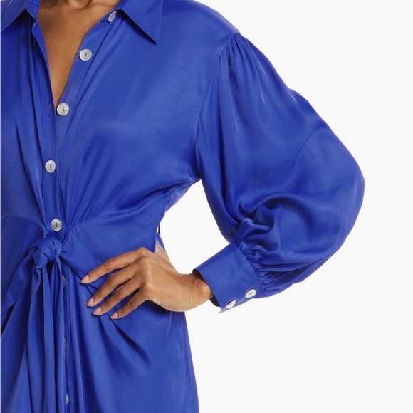 Farm Rio Dress. Long Sleeve. Sz LRG. Blue. Appears new. Beading on Belt. MIDI - Picture 2 of 9